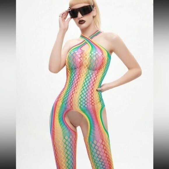 Rainbow Color Halter Top One-Piece Fishnet Bodysuit - Picture 4 of 8